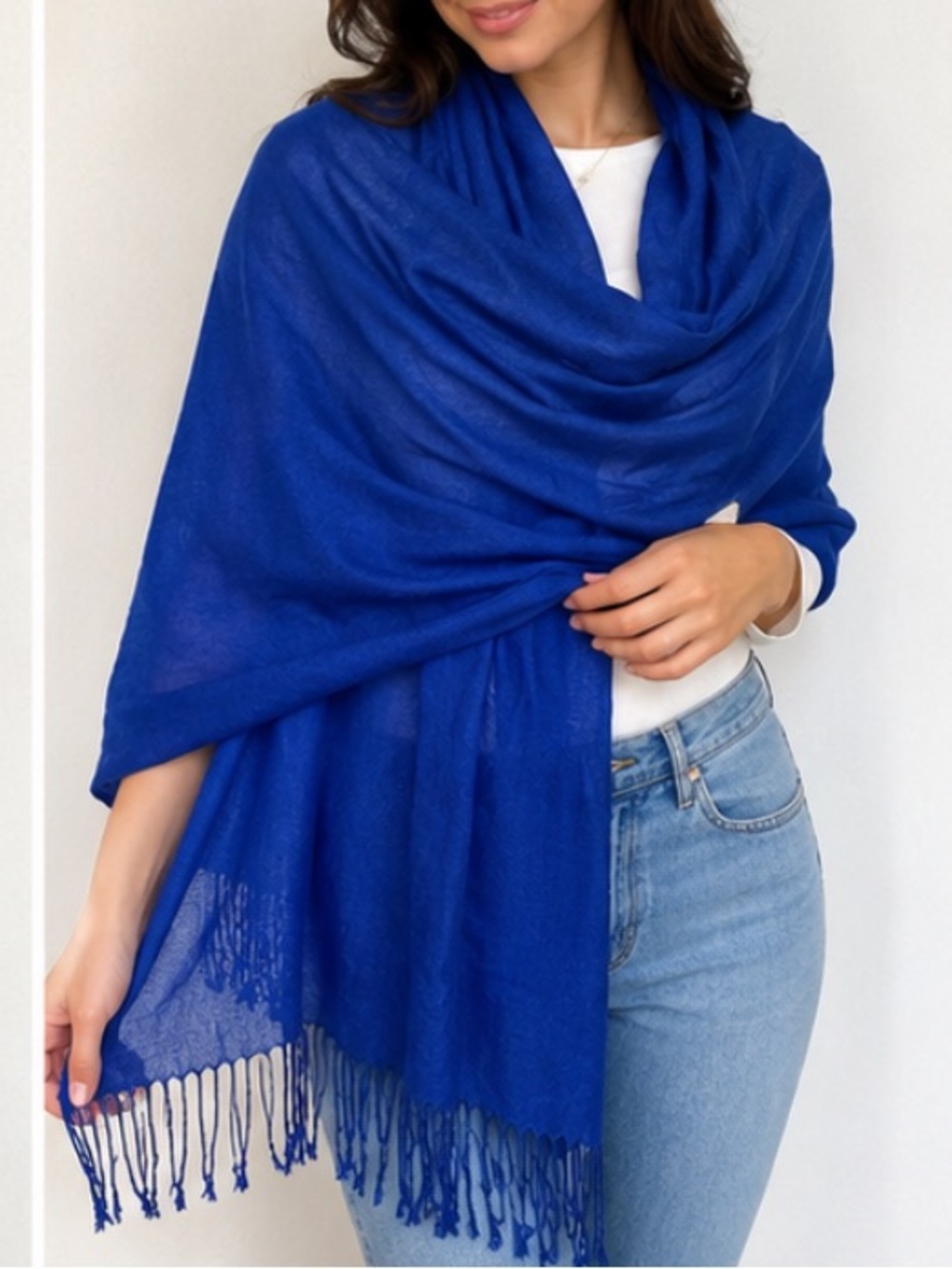 D&G Royal Blue Cashmere Silk Pashmina Scarf Shawl Lightweight Luxury Wrap Fringe